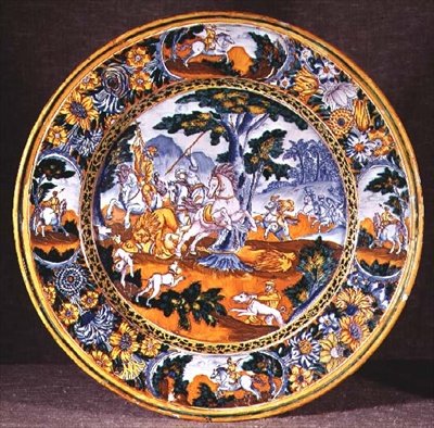 طبق نيفرس يصور مشهد صيد مقتبس من طبعتين لأنتونيو تمبيستا ، 1660 (القيشاني) بواسطة المدرسة الفرنسية