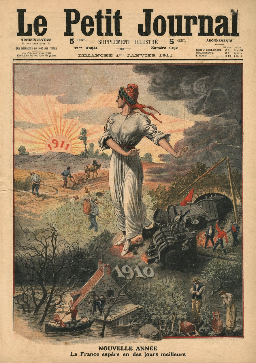 السنة الجديدة ، تأمل فرنسا في أيام أفضل ، توضيح من `` Le Petit Journal &39;&39; ، 1 يناير 1911 بواسطة المدرسة الفرنسية