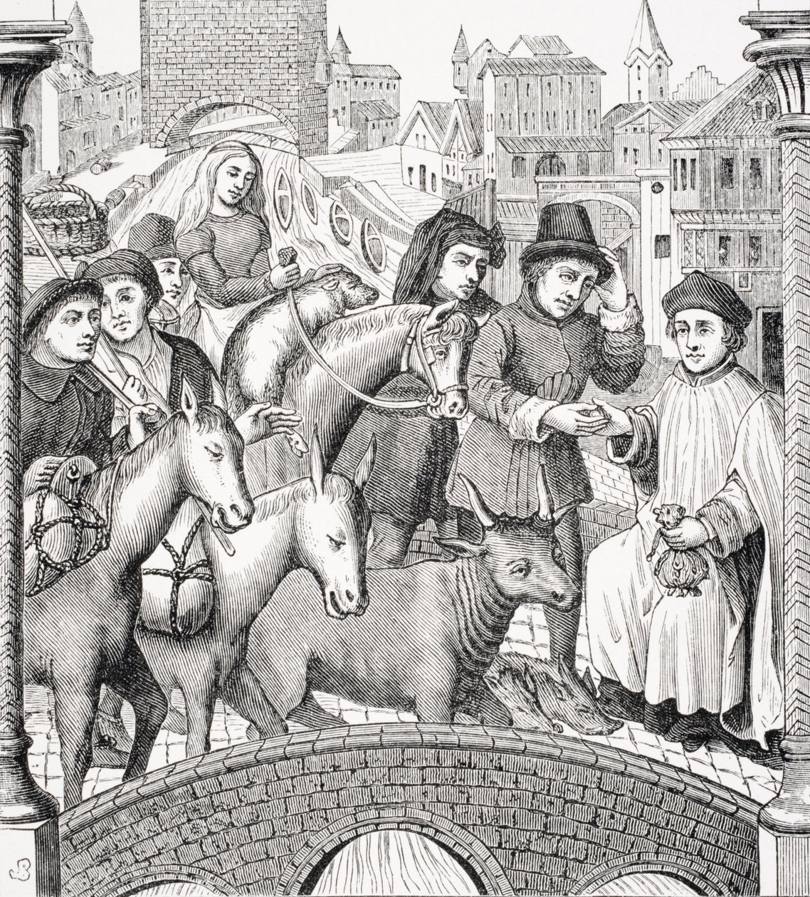 دفع الرسوم على الجسر ، من "Le Moyen Age et La Renaissance" بقلم بول لاكروا (1806-1884) نشر عام 1847 بواسطة المدرسة الفرنسية