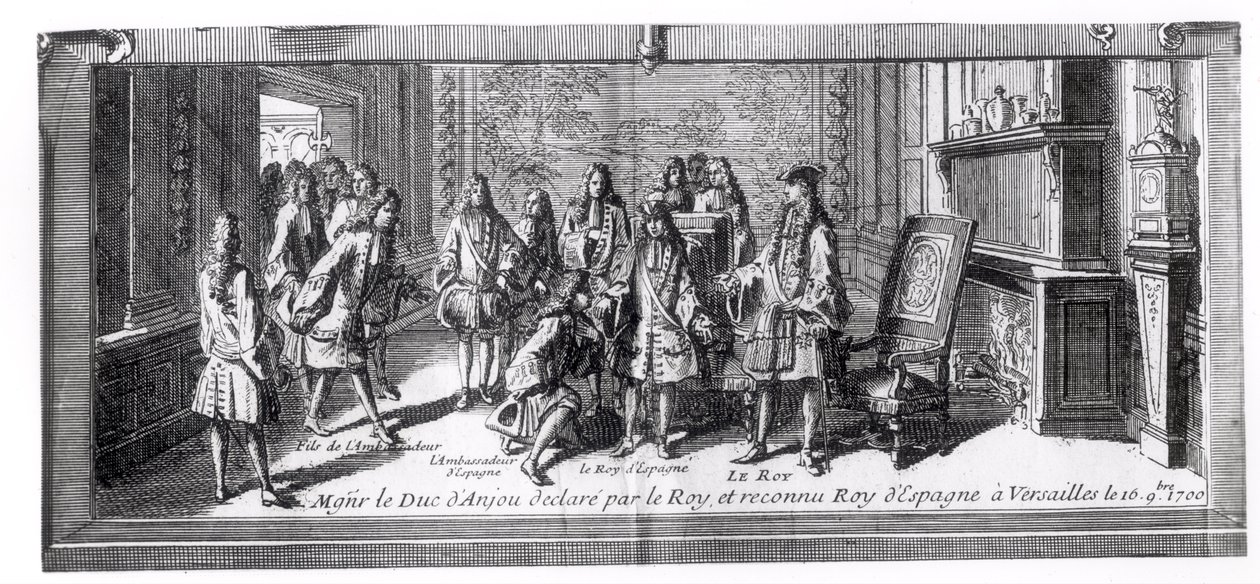 فيليب دي فرانس (1683-1746) دوق أنجو ، المعترف به كملك إسبانيا من قبل لويس الرابع عشر (1638-1715) ملك فرنسا ، 16 سبتمبر 1700 ، في فرساي بواسطة المدرسة الفرنسية