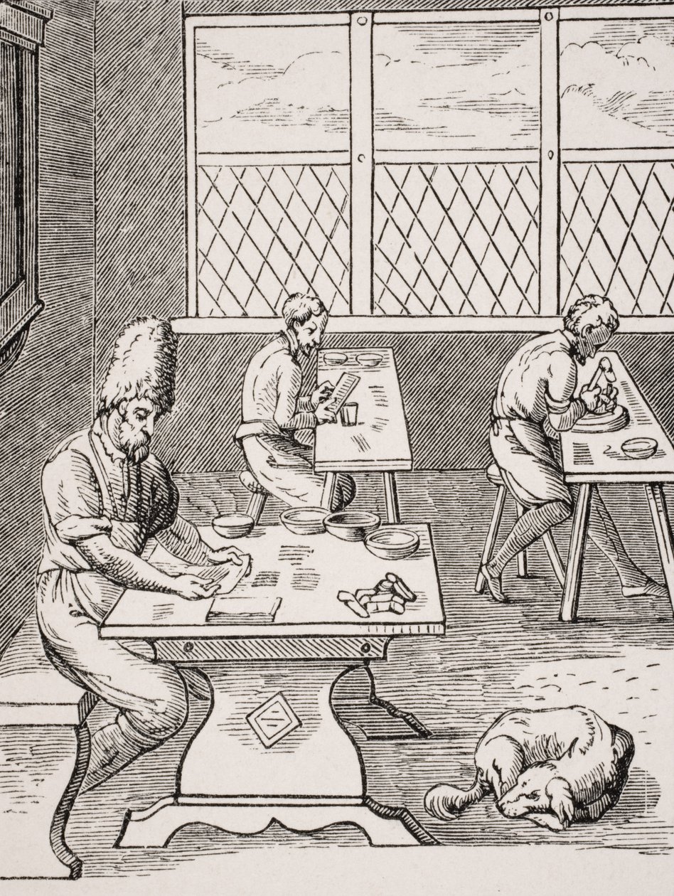 Pin and Needle Maker ، استنساخ قطع خشبية لجوست عمان (1539-91) من كتاب "Le Moyen Age et La Renaissance" لبول لاكروا (1806-1884) المنشور عام 1847 بواسطة المدرسة الفرنسية