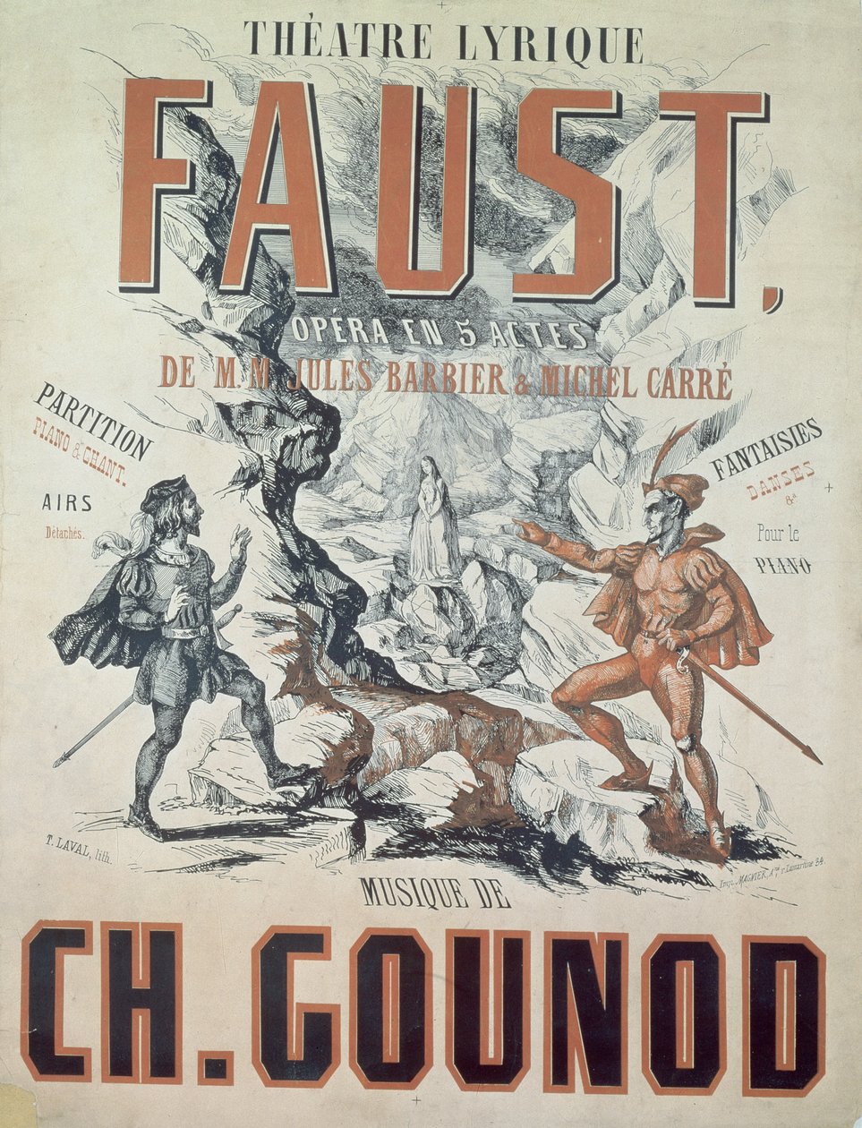 إعلان ملصق "فاوست" ، أوبرا تشارلز جونود (1818--1893) 1875 ، منقوش بواسطة ت. لافال بواسطة المدرسة الفرنسية
