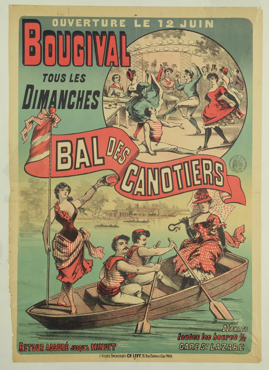 إعلان ملصق "Le Bal des Canotiers" في بوجيفال ، عام 1875 بواسطة المدرسة الفرنسية