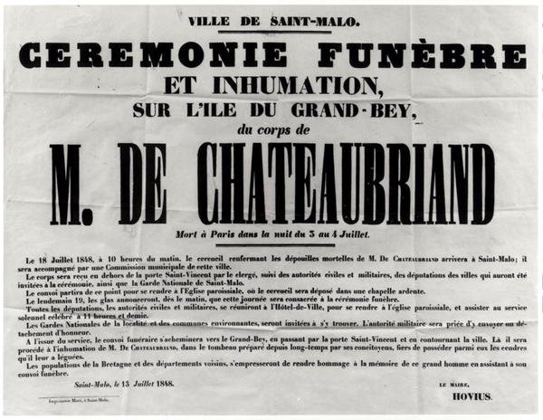 ملصق لجنازة فرانسوا رينيه دو شاتوبريان (1768-1848) في سانت مالو 18 يوليو 1848 (طباعة) بواسطة المدرسة الفرنسية