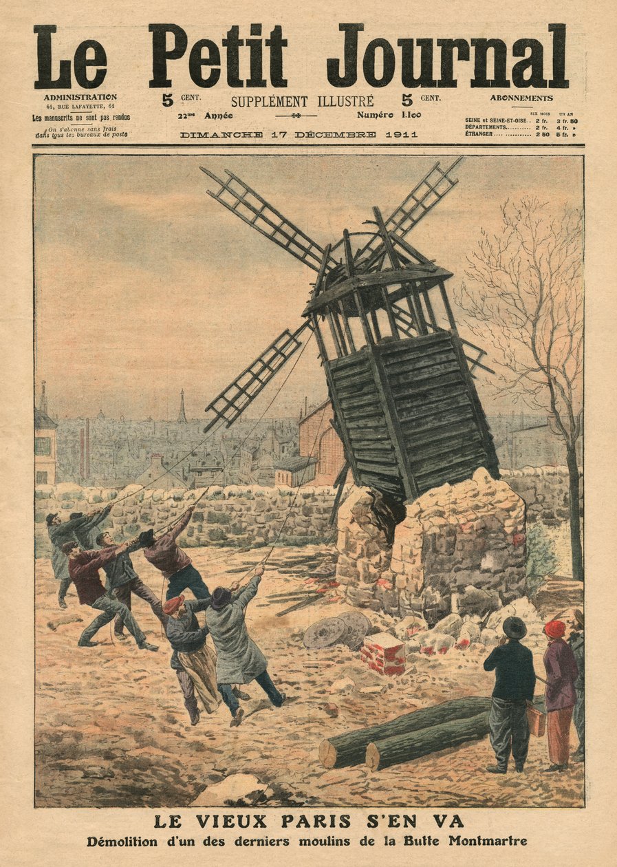 هدم واحدة من طواحين الهواء الأخيرة على بوت مونمارتر ، رسم توضيحي من `` Le Petit Journal &39;&39; ، ملحق Illustre ، 17 ديسمبر 1911 بواسطة المدرسة الفرنسية