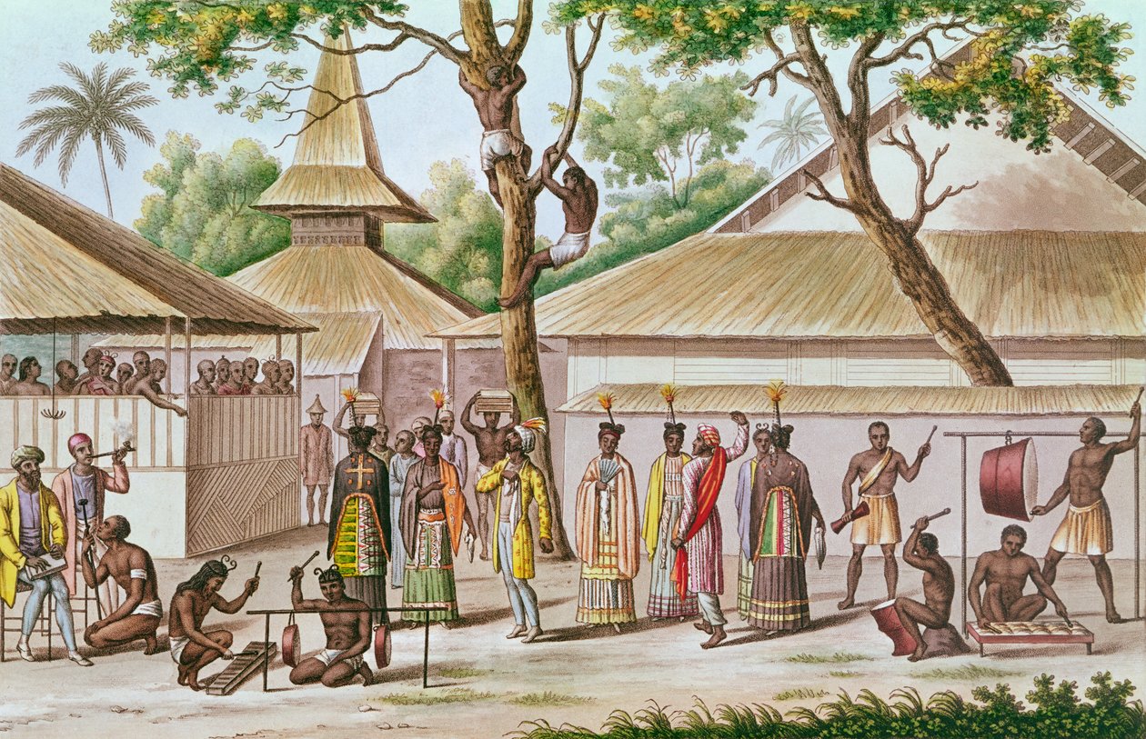 مهرجان ديني في Caieli ، جزيرة Buru ، من &39;Voyage Autour du Monde sur la Corvette Coquille (1822-25) بواسطة Louis Isidore Duperrey (1786-1865) بواسطة المدرسة الفرنسية