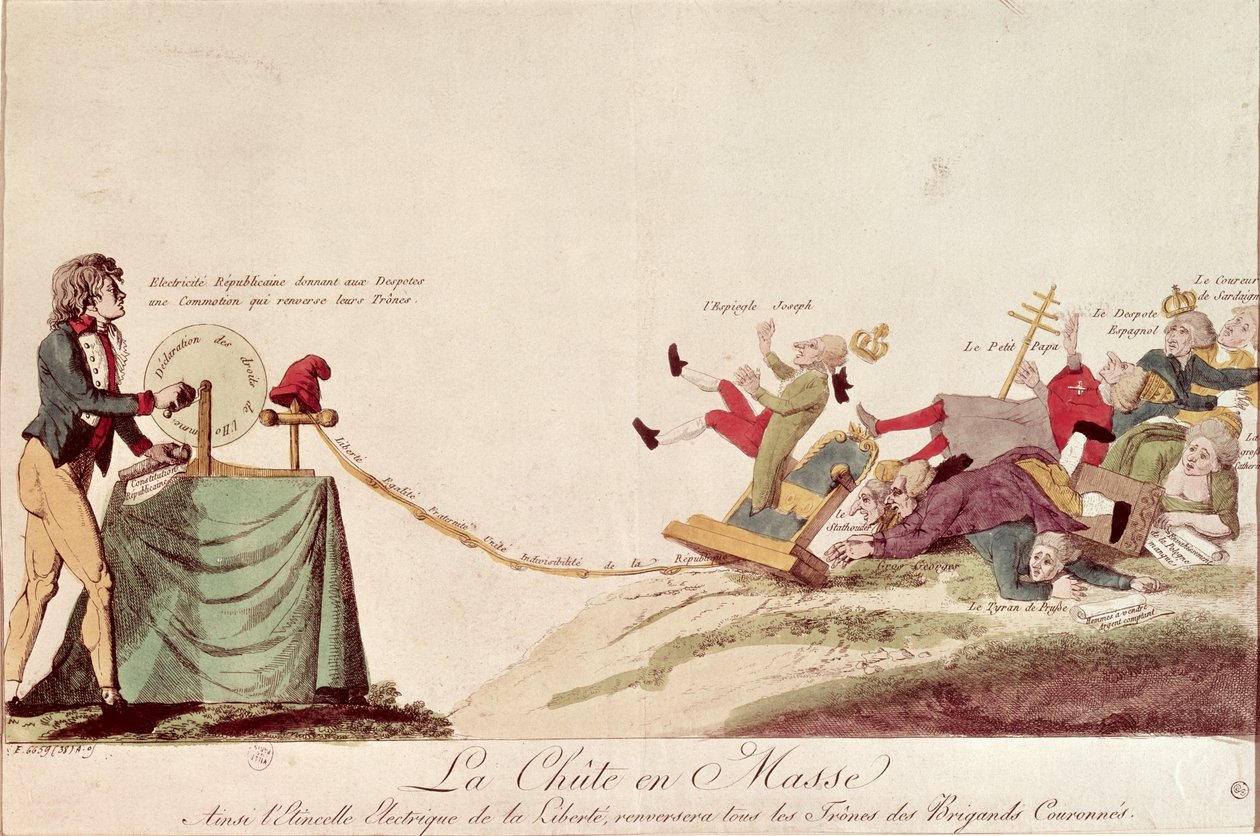 كارتون ثوري يصور "شرارة الحرية الكهربائية التي ستهزم عروش جميع الملوك الفاسدين" ، 1793 بواسطة المدرسة الفرنسية
