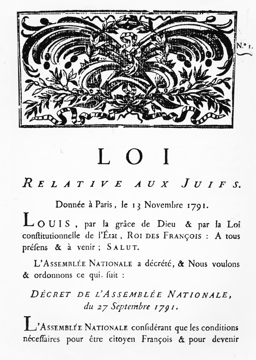 المرسوم الملكي بالتحرر لجميع اليهود في فرنسا ، بموجب مرسوم الجمعية الوطنية ، 27 سبتمبر 1791 (الفاكس) (انظر أيضًا 695056) بواسطة المدرسة الفرنسية