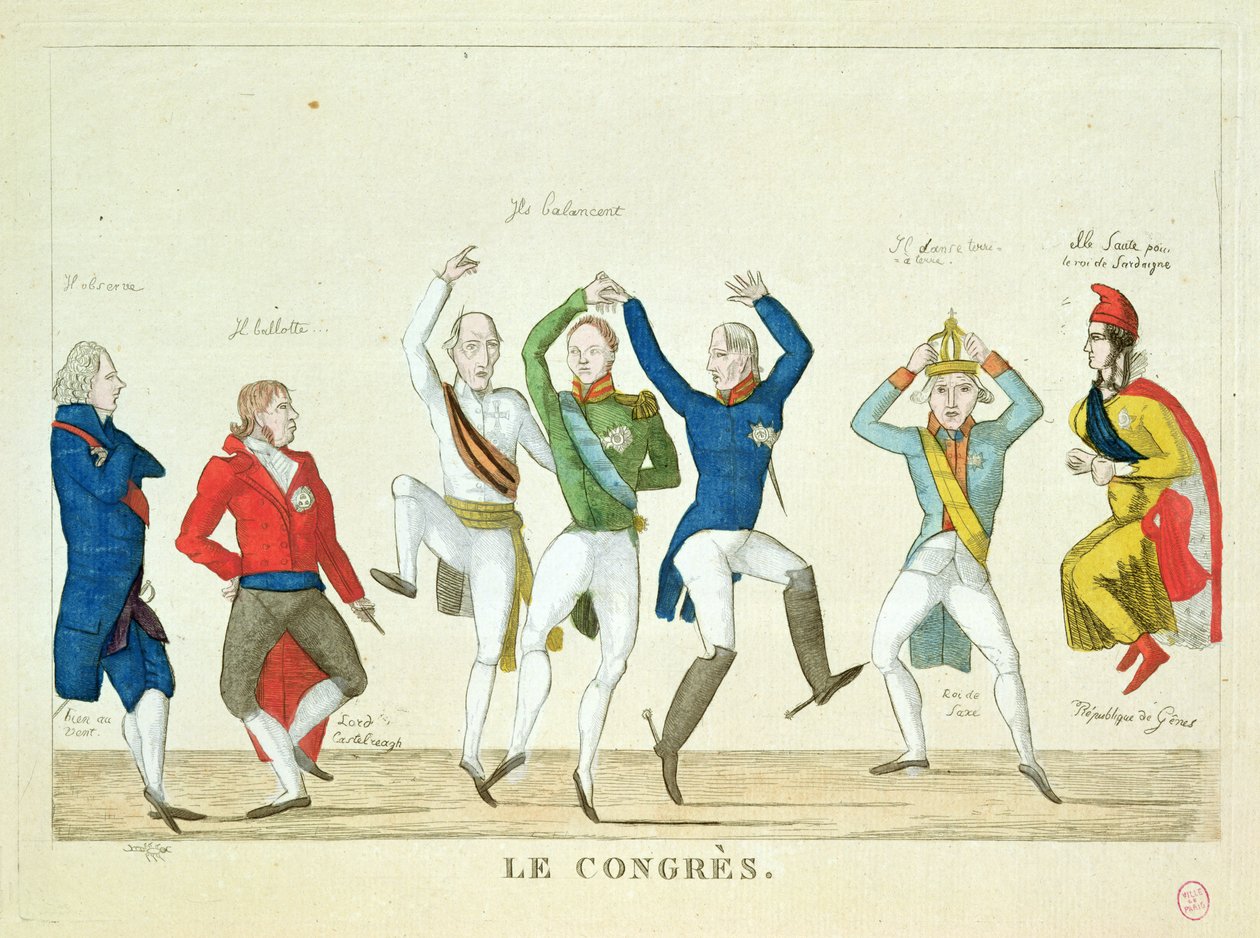 رسم كاريكاتوري ساخر يصور الشخصيات الرئيسية في رقصة في مؤتمر فيينا عام 1815 بواسطة المدرسة الفرنسية