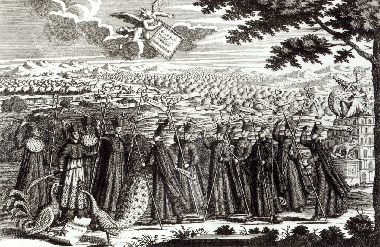 نقش ساخر يصور الثور "Unigenitus Dei Filius" والقتال بين Jansenists و Jesuits ، 1714 بواسطة المدرسة الفرنسية