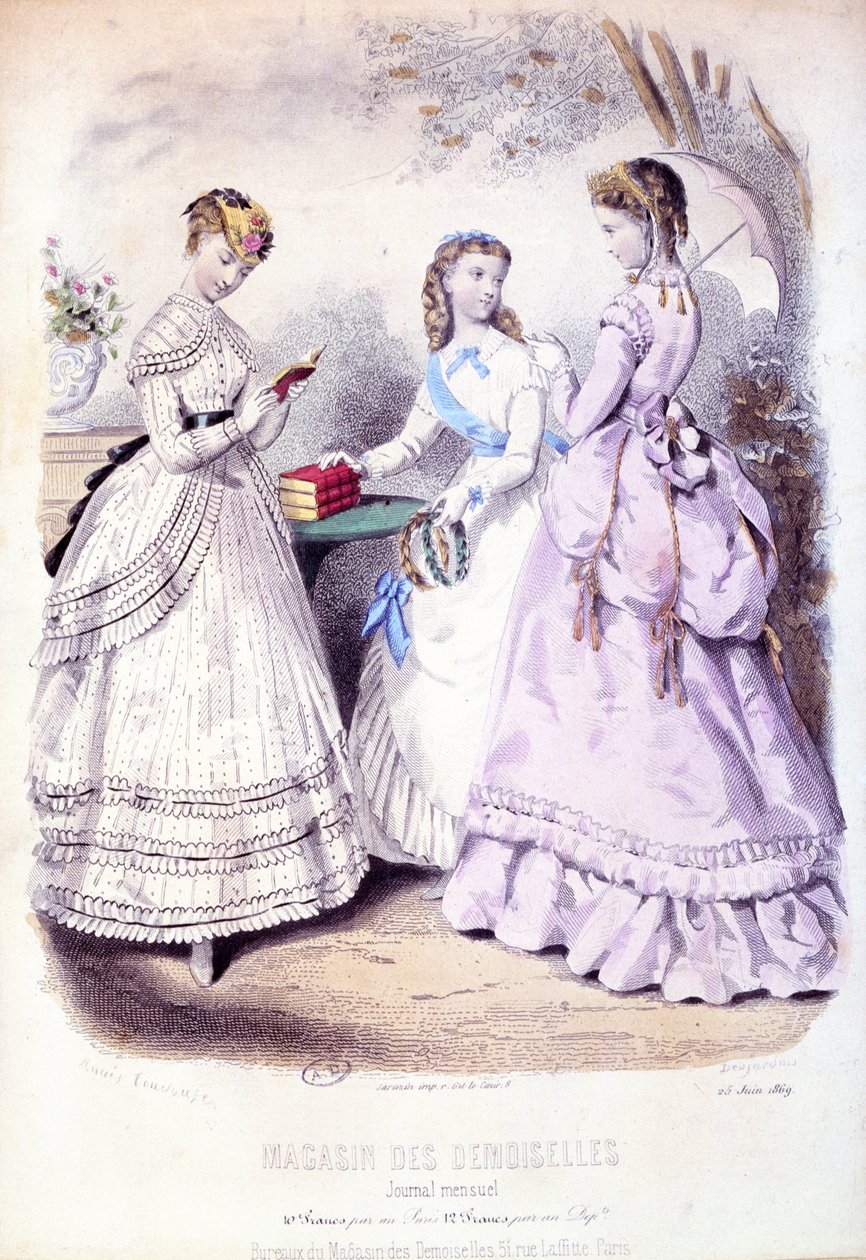 فتيات المدارس بعد حفل توزيع الجوائز ، لوحة أزياء للإعلان عن Magasin des Demoiselles ، 1869 بواسطة المدرسة الفرنسية