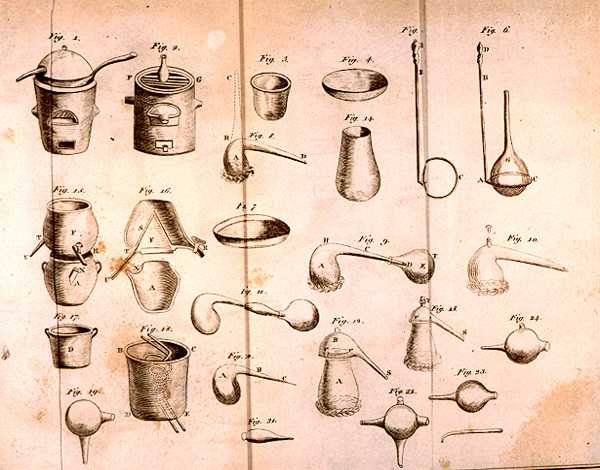 معدات علمية ، من عناصر الكيمياء بقلم أنطوان لوران دي لافوازييه (1743-1794) منقوش بواسطة D.Lizars ، 1796 بواسطة المدرسة الفرنسية