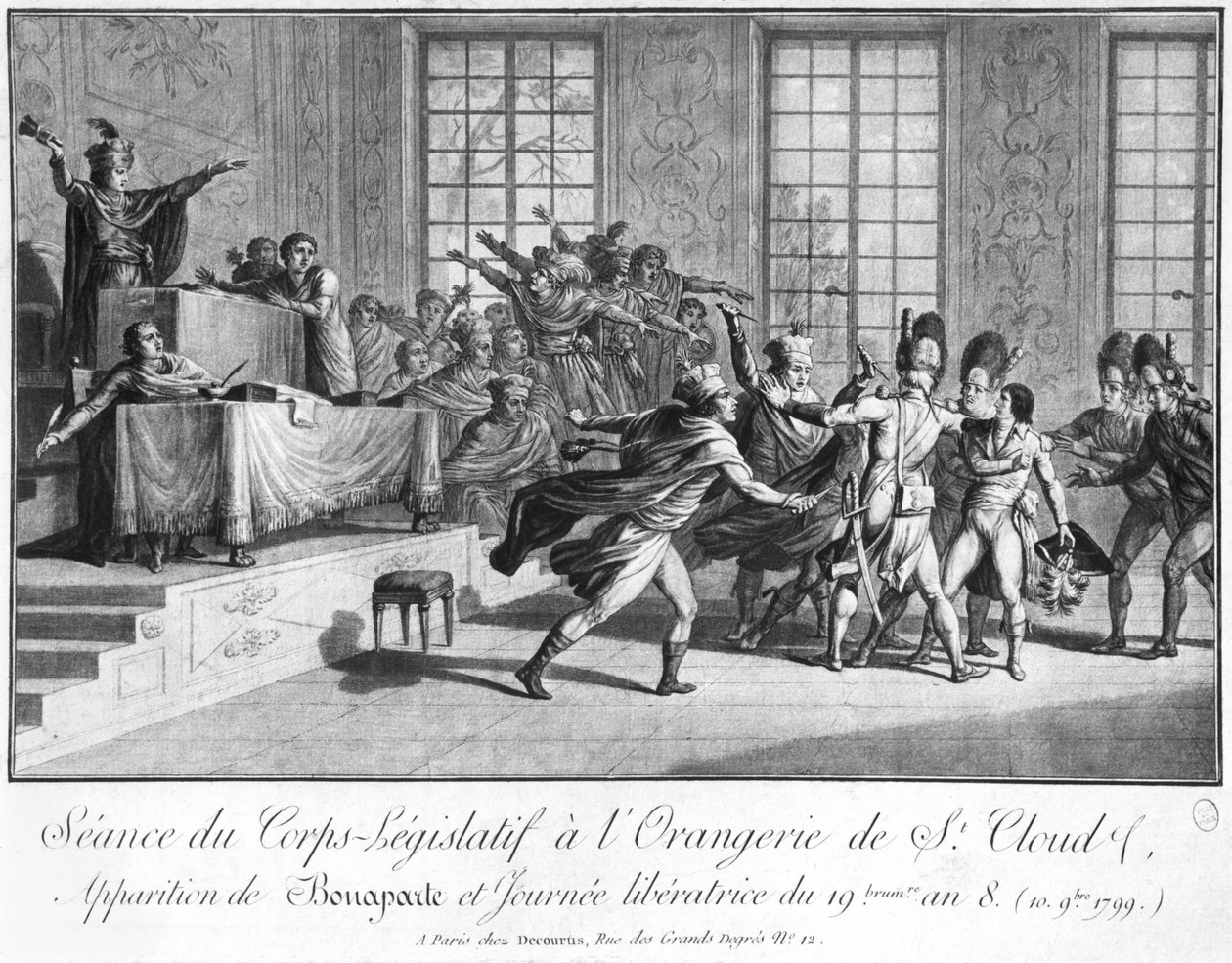 جلسة الهيئة التشريعية في Orangery St.Cloud ، وصول Bonaparte (1769-1821) محمي من قبل اثنين من Grenadiers ، 19 brumaire 8 (10 نوفمبر 1799) ، c.1800 بواسطة المدرسة الفرنسية