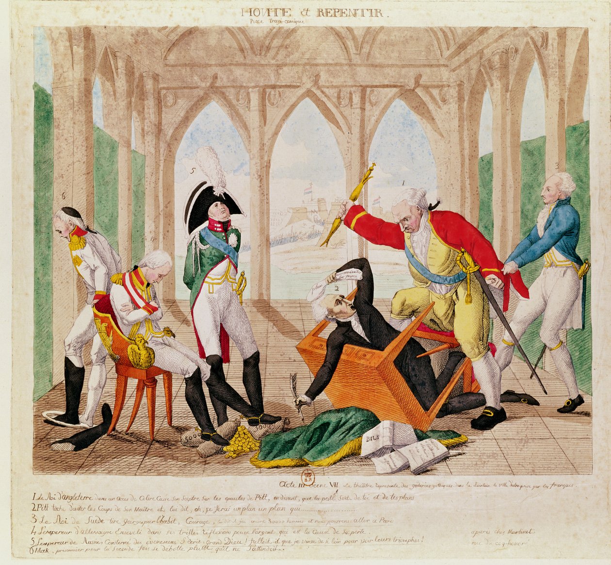 "عار وندم ، مسرحية تراجي كوميدية" ، كاريكاتير عن استسلام أولم في 20 أكتوبر 1805 بواسطة المدرسة الفرنسية