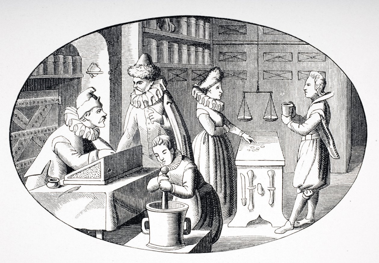 متجر للبقالة والعلماء في القرن السابع عشر ، من "Le Moyen Age et La Renaissance" بقلم بول لاكروا (1806-1884) المنشور عام 1847 بواسطة المدرسة الفرنسية