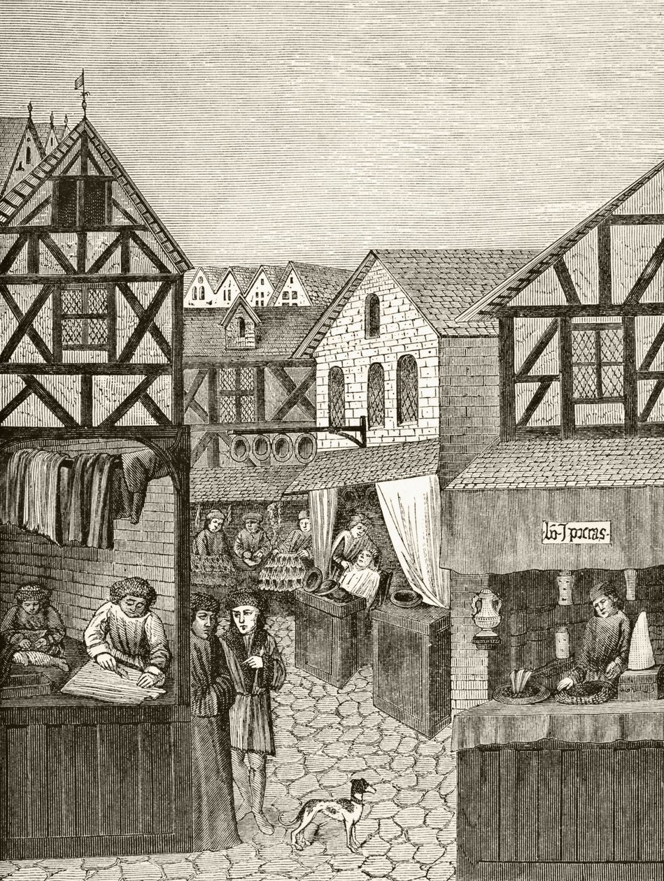 متاجر في شارع Apothecary ، من "العلوم والأدب في العصور الوسطى" بقلم بول لاكروا (1806-1884) نشرت لندن 1878 بواسطة المدرسة الفرنسية