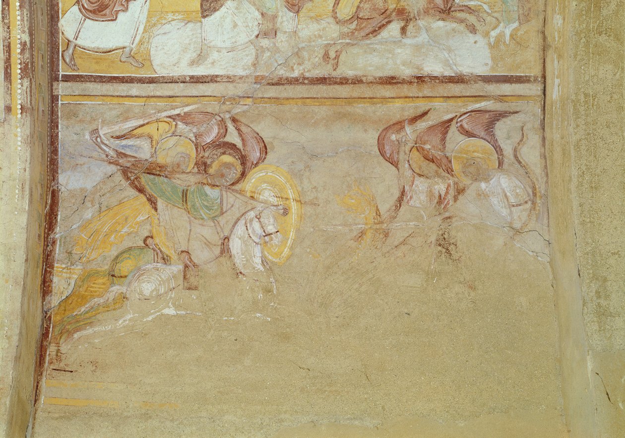 القديس ميخائيل والملائكة الذين يحاربون التنين ، تفاصيل نهاية العالم من القاعة ، c.1100 (جدارية) بواسطة المدرسة الفرنسية