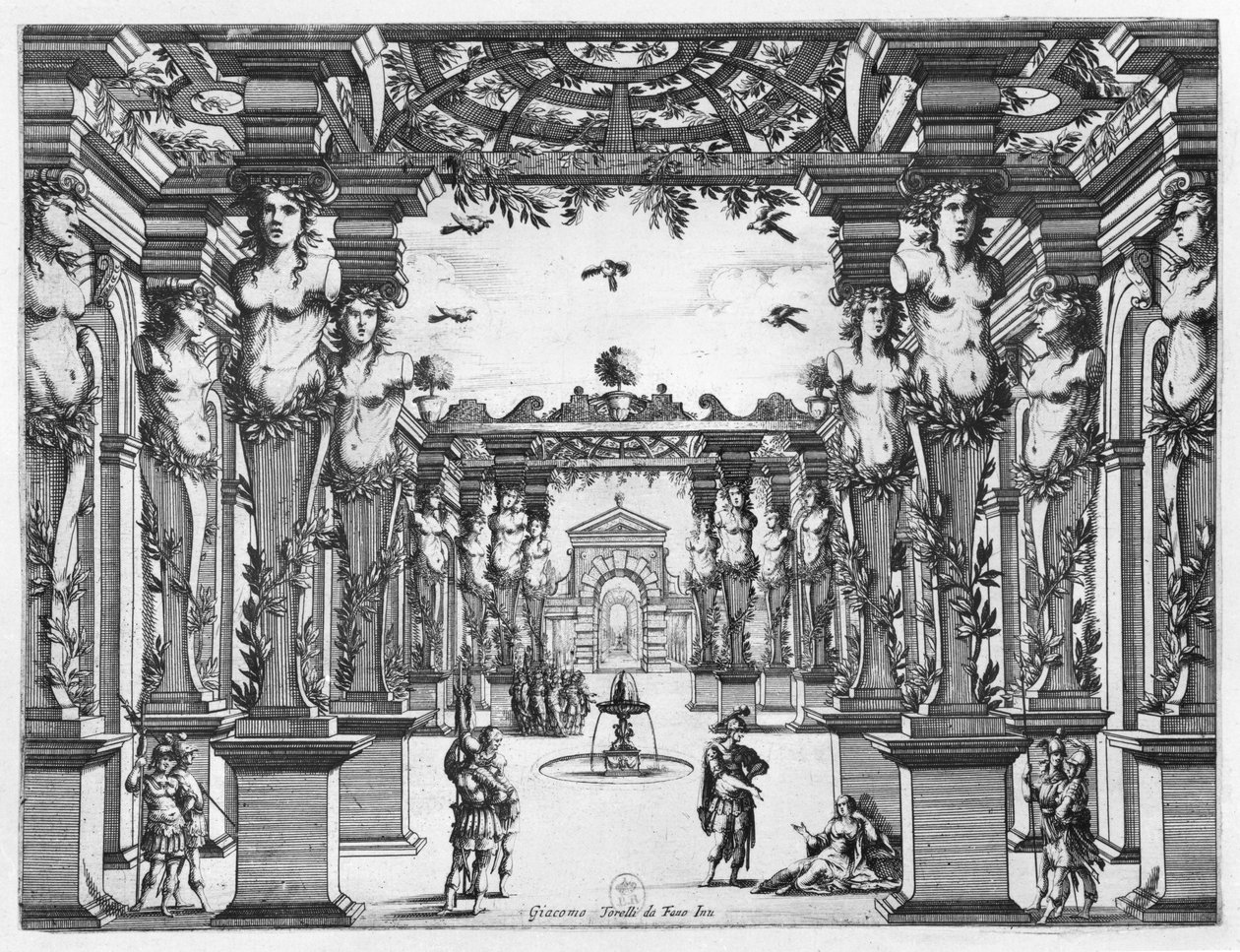 تصميم المرحلة من قبل جياكومو توريلي (1608-78) لـ "ميرام" في 1641 في مسرح بيتي بوربون في باريس بواسطة المدرسة الفرنسية