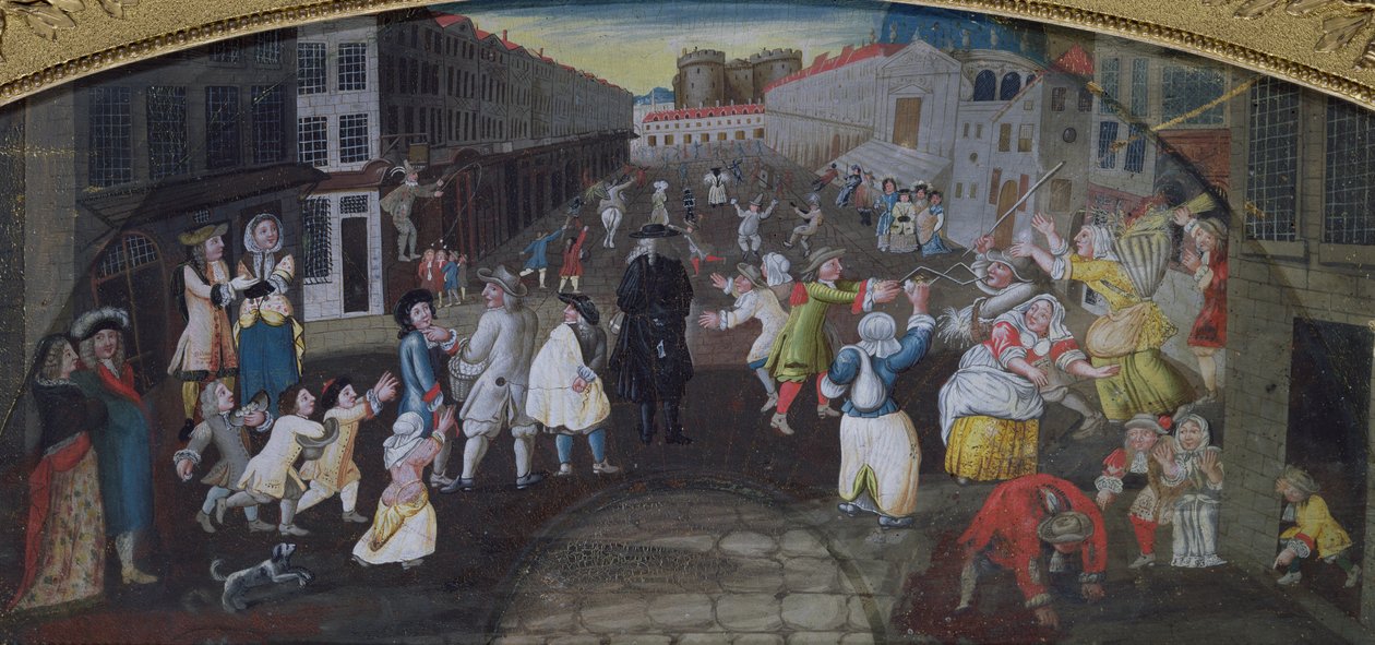 فنانو الشوارع في كرنفال شعبي ، شارع سانت أنطوان ، ج .1670 بواسطة المدرسة الفرنسية