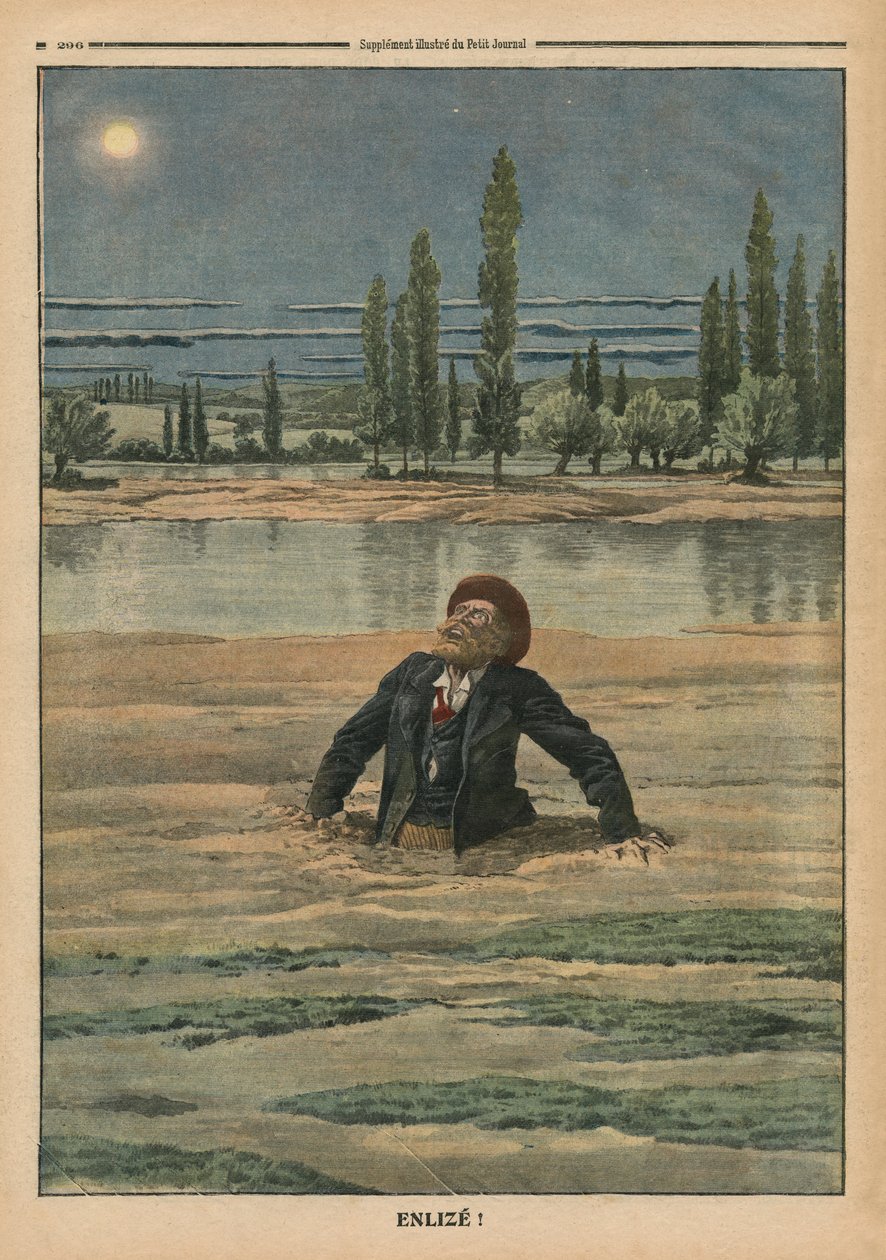 عالق في الرمال المتحركة ، رسم توضيحي من `` Le Petit Journal &39;&39; ، ملحق Illustre ، 11 سبتمبر 1910 بواسطة المدرسة الفرنسية