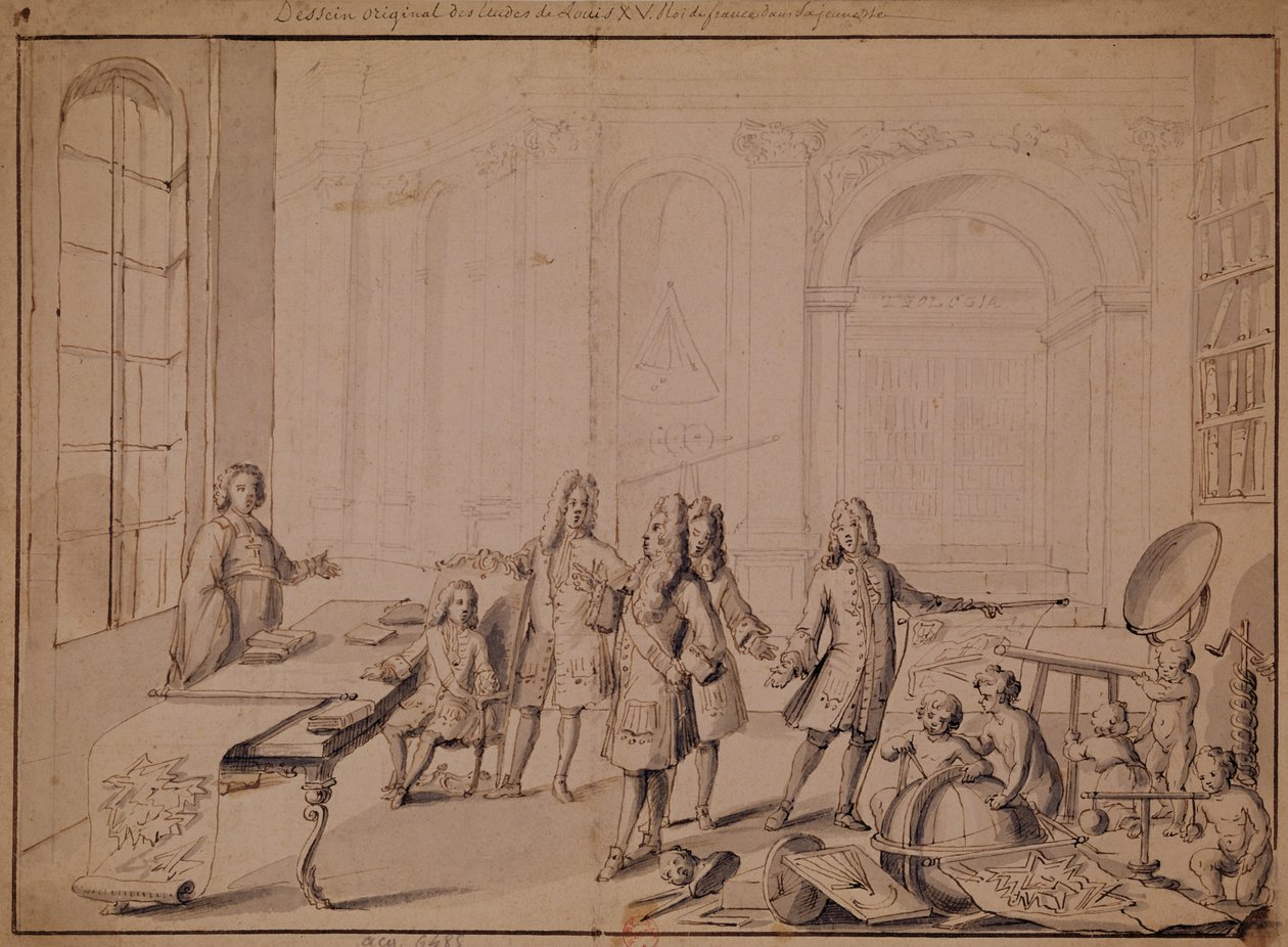 دراسة عن درس يتم تقديمه إلى Young Louis XV (1710-74) (قلم جاف وحبر وغسله على الورق) (انظر أيضًا 162667) بواسطة المدرسة الفرنسية