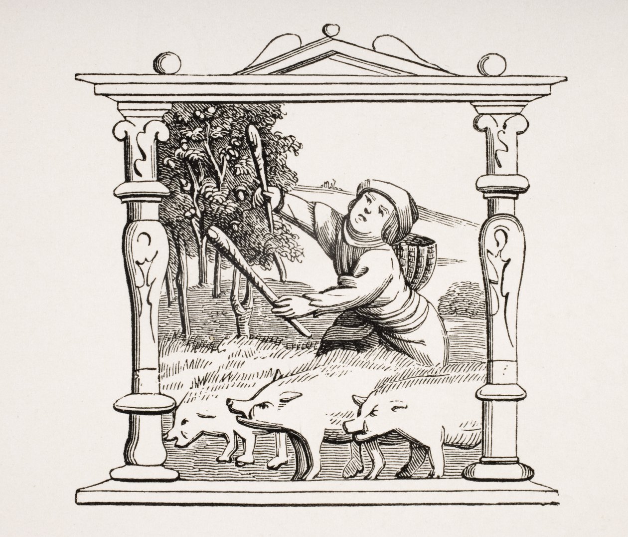 Swineherd مع قطيعه من الخنازير ، التكاثر بعد تقويم في كتاب ساعات ، من "Le Moyen Age et La Renaissance" بواسطة Paul Lacroix (1806-1884) نشر عام 1847 بواسطة المدرسة الفرنسية