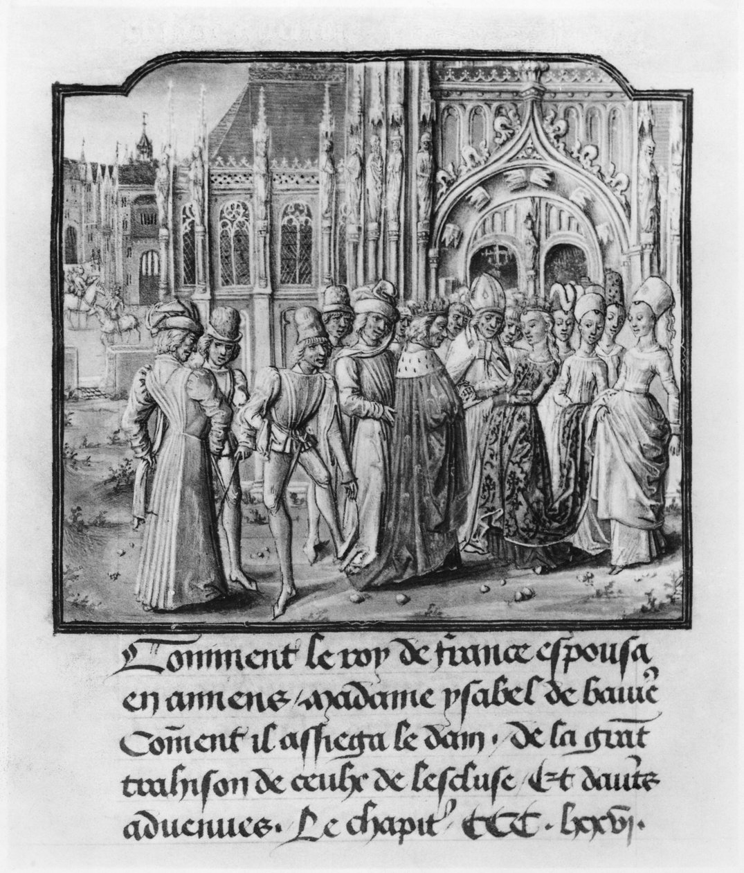 T.2 fol.311v زواج تشارلز السادس (1368-1422) ملك فرنسا وإيزابيلا بافاريا (1371-1435) في أميان ، من تاريخ كروسيل ، 1472 بواسطة المدرسة الفرنسية