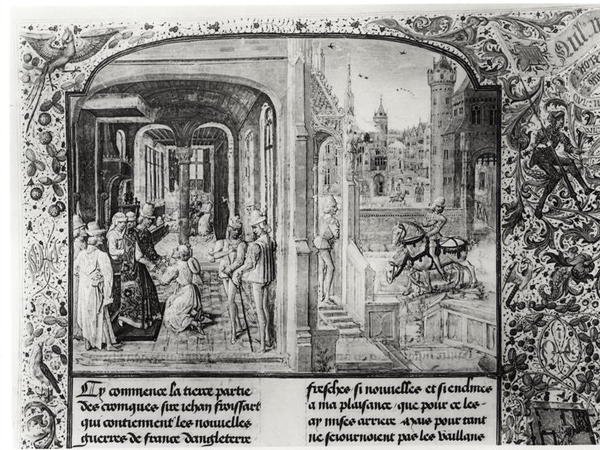 T.III fol.1 استقبل Froissart في Orthez الكونت غاستون دي فويكس ، الذي أعطاه الرسالة من جاي دي بلوا ، من Froissarts Chronicle بواسطة المدرسة الفرنسية