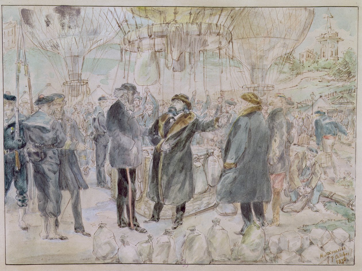 رحيل ليون ميشيل جامبيتا (1838-1882) في بالون "لارماند باربيس" ، 7 أكتوبر 1870 (قلم جاف وحبر ومرحاض على ورق) بواسطة المدرسة الفرنسية