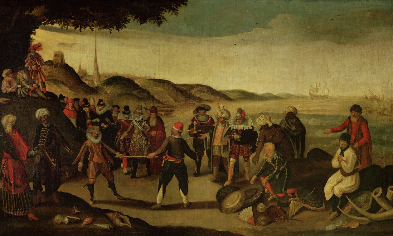 النزاع حول الهراوات الذهبية أو النزاع بين الإسبان والهولنديين حول التجارة في جزر الهند ، 1609 بواسطة المدرسة الفرنسية