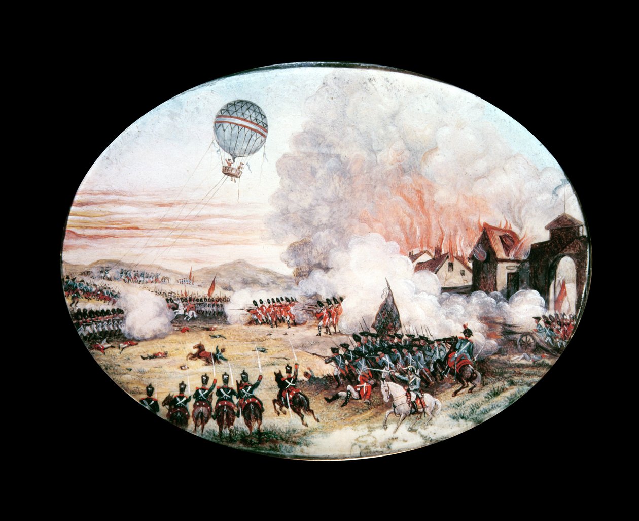 بالون المراقبة الفرنسي &39;L&39;Entreprenant&39; يحوم فوق معركة فلوروس ، 1794 (غواش على البطاقة) بواسطة المدرسة الفرنسية