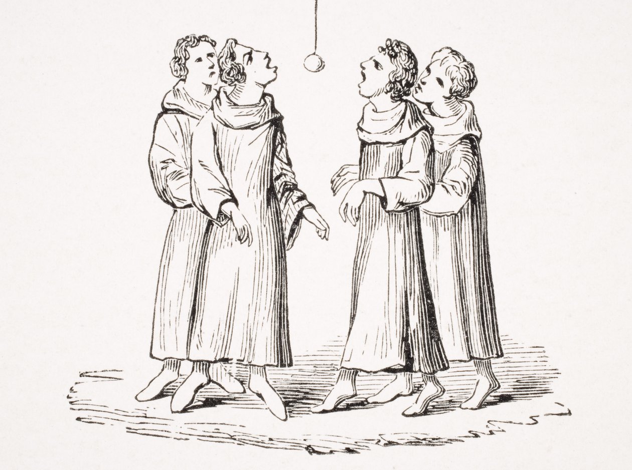 The Game of Bob Apple ، أو Swinging Apple ، الاستنساخ من مخطوطة من القرن الرابع عشر ، من "Le Moyen Age et La Renaissance" بواسطة Paul Lacroix (1806-84) نشر عام 1847 بواسطة المدرسة الفرنسية