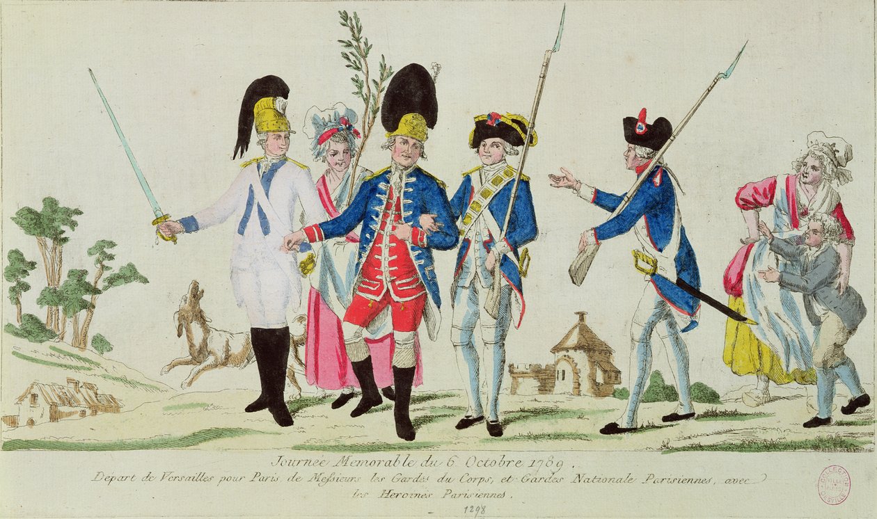 يوم لا ينسى في 6 أكتوبر 1789 ، تاركا فرساي إلى باريس: Gardes du Corps والحرس الوطني الباريسي والبطلات الباريسيات بواسطة المدرسة الفرنسية