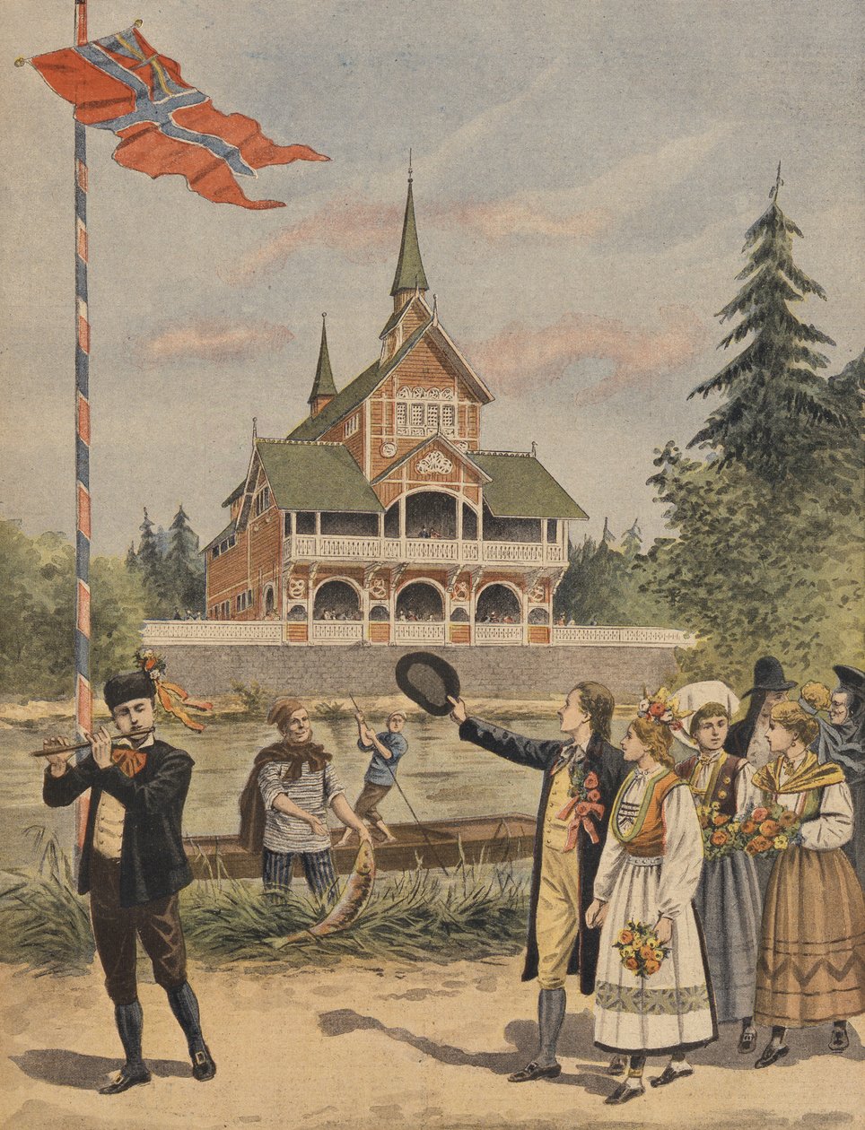 الجناح النرويجي في المعرض العالمي لعام 1900 ، باريس ، رسم توضيحي من Le Petit Journal ، ملحق illustre ، 13 مايو 1900 بواسطة المدرسة الفرنسية