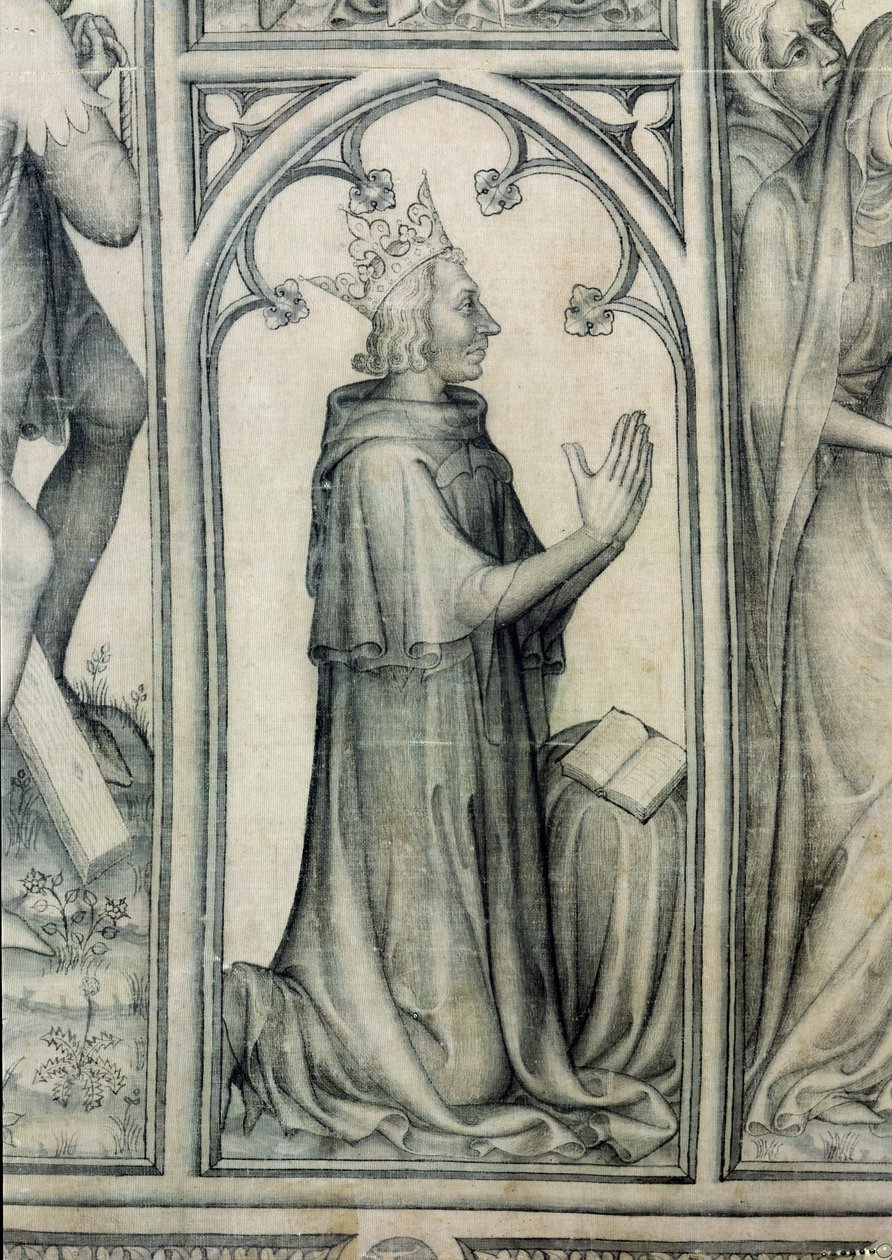 جزء ناربون ، تفاصيل صلاة شارل الخامس (1338-80) ، ج .1375 (grisaille on silk) (تفاصيل 83469) بواسطة المدرسة الفرنسية