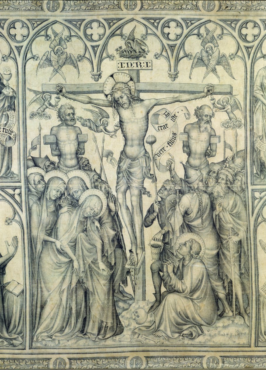 The Parement of Narbonne ، تفاصيل الصلب ، c.1375 (grisaille on silk) (تفاصيل 83469) بواسطة المدرسة الفرنسية