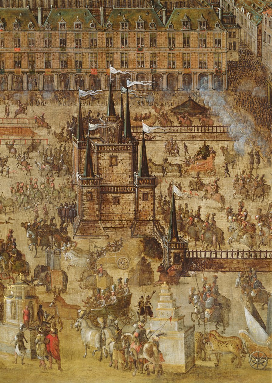 The Place Royale and the Carrousel in 1612 ، تفاصيل قصر دي لا فيليسيت والمركبات (تفاصيل 161010) بواسطة المدرسة الفرنسية