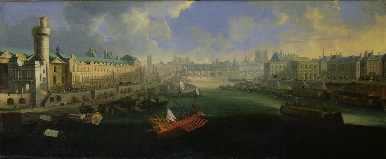 نهر السين ، منظر لجسر نيوف ، متحف اللوفر وكلية مازارين ، c.1665 بواسطة المدرسة الفرنسية