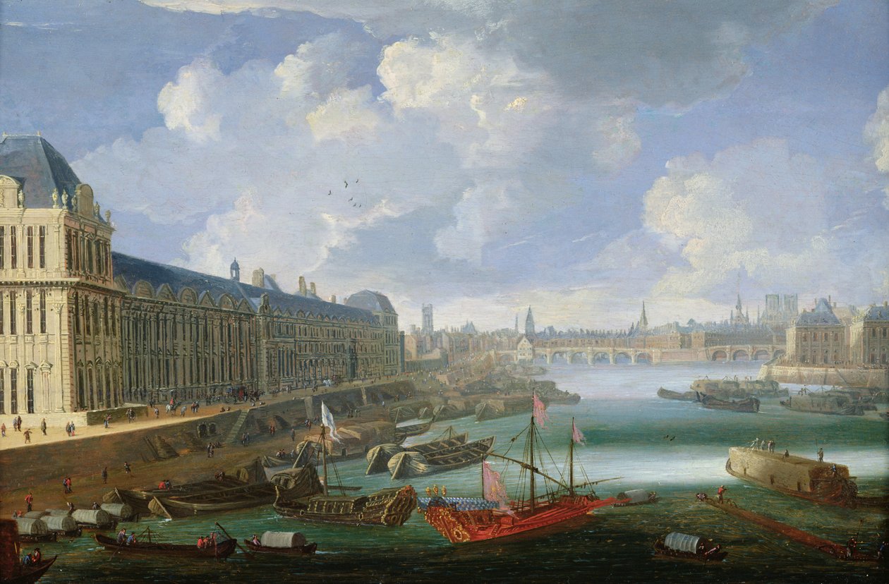 نهر السين الذي ينظر نحو Pont-Neuf ، متحف اللوفر وكلية Mazarin ، ج. 1675 بواسطة المدرسة الفرنسية