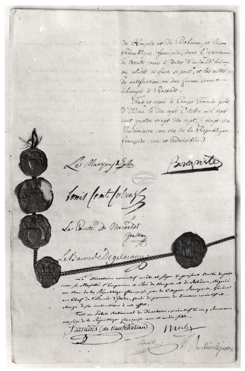 معاهدة كامبو فورميو ، موقعة من نابليون بونابرت (1769-1821) 17 أكتوبر 1797 بواسطة المدرسة الفرنسية