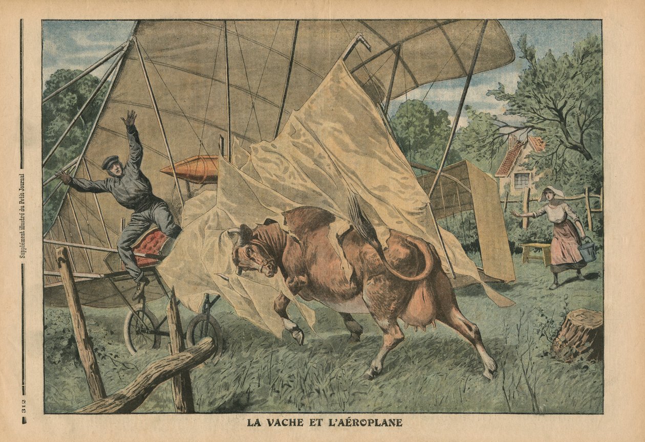 البقرة والطائرة ، رسم توضيحي من `` Le Petit Journal &39;&39; ، ملحق إيلوستري ، 25 سبتمبر 1910 بواسطة المدرسة الفرنسية