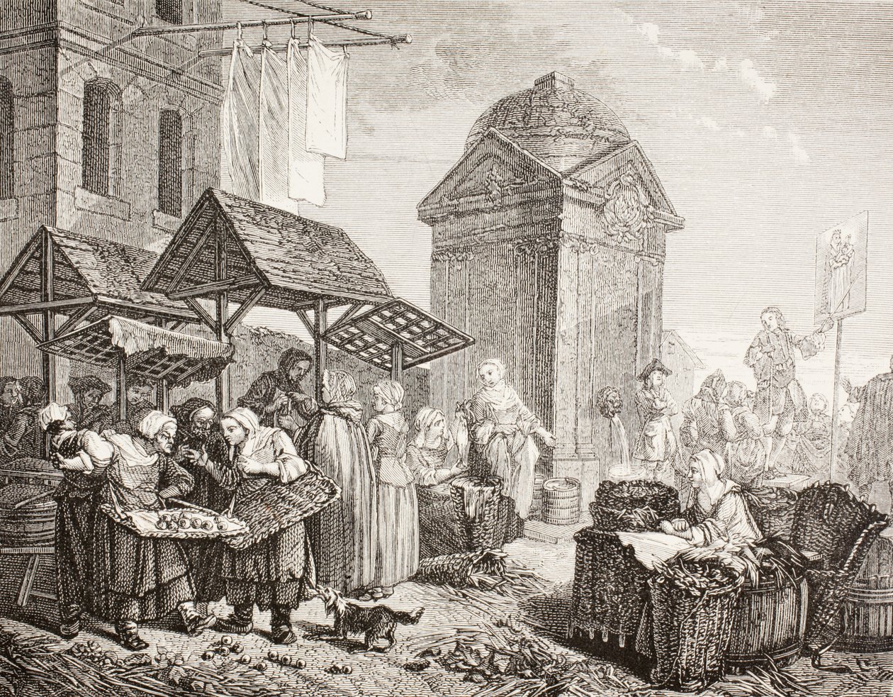 السوق في Place Maubert ، باريس ، في القرن الثامن عشر ، بعد عمل Jeaurat ، من &39;XVIII Siecle Institutions، Usages et Costumes&39; ، تم نشره عام 1875 بواسطة المدرسة الفرنسية