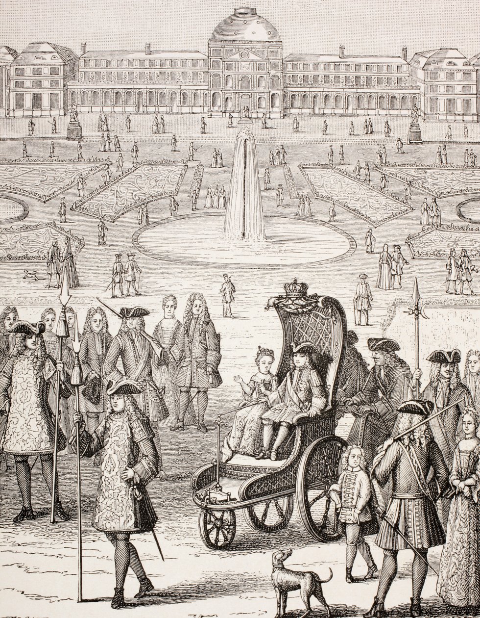 تنزه الملك لويس الخامس عشر الشاب في عربة في حدائق التويلري ، باريس ، من &39;XVIII Siecle Institutions، Usages et Costumes&39; ، تم نشره عام 1875 بواسطة المدرسة الفرنسية