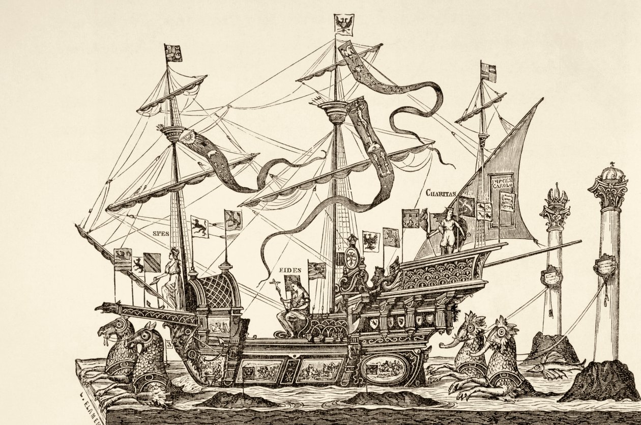 سفينة انتصار رسمها عربة في بروكسل عام 1558 ، من "الحياة العسكرية والدينية في العصور الوسطى" بقلم بول لاكروا ، نُشرت لندن عام 1880 بواسطة المدرسة الفرنسية