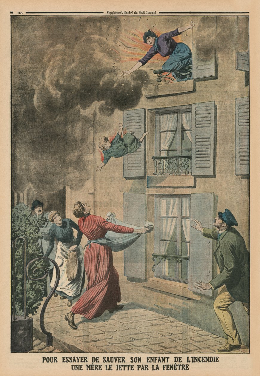 في محاولة لإنقاذ طفلها من النار ، تلقيه أم عبر النافذة ، صورة الغلاف الخلفي من `` Le Petit Journal &39;&39; ، ملحق illustre ، 9 مارس 1913 بواسطة المدرسة الفرنسية