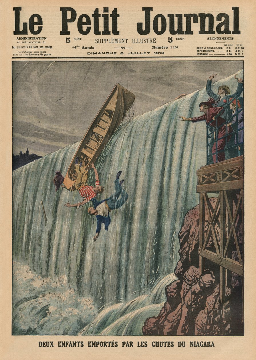 طفلان تحملهما شلالات نياغارا ، صورة الغلاف الأمامي من `` Le Petit Journal &39;&39; ، ملحق illustre ، 6 يوليو 1913 بواسطة المدرسة الفرنسية