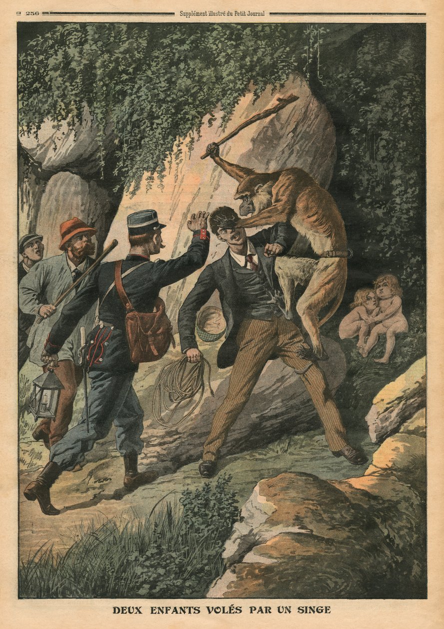 طفلان سُرقا على يد قرد أنثى ، رسم توضيحي من `` Le Petit Journal &39;&39; ، ملحق illustre ، 7 أغسطس 1910 بواسطة المدرسة الفرنسية