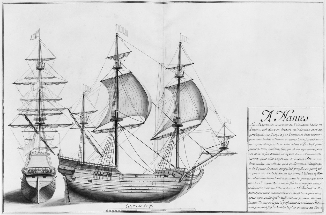 السفن ، نانت ، رسم توضيحي من "تصاميم طرق مختلفة للسفن ... من نانت إلى بايون ..." ، 1679 (قلم رصاص ومرحاض على الورق) بواسطة المدرسة الفرنسية