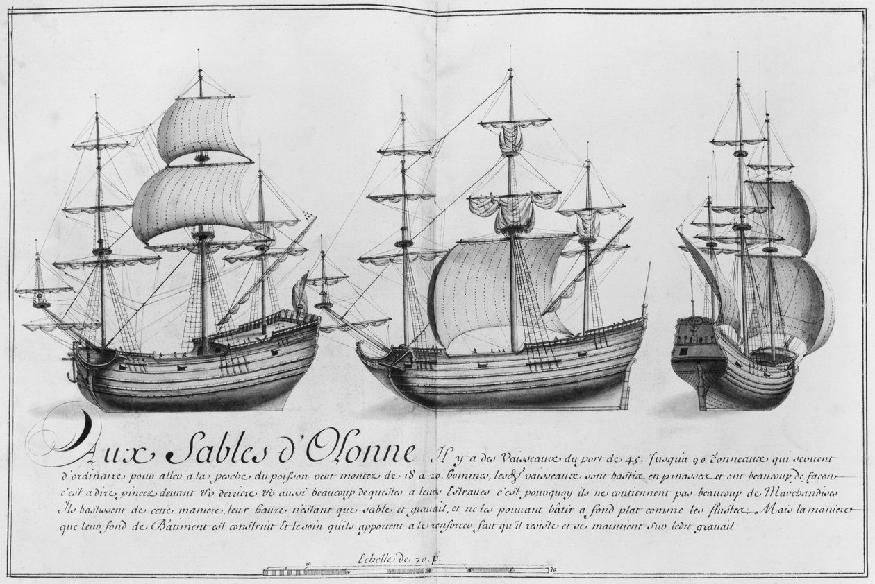 السفن ، Sables d&39;Olonne ، توضيح من "تصاميم الطرق المختلفة للسفن ... من نانت إلى بايون" ، 1679 (قلم رصاص ومرحاض على الورق) بواسطة المدرسة الفرنسية