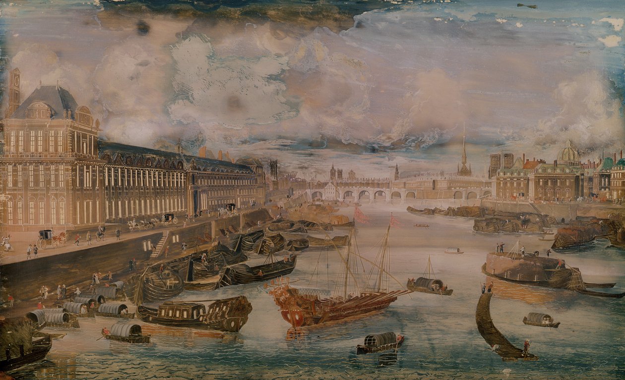 منظر لنهر السين ، غراندي غاليري في متحف اللوفر وكلية الأمم الكواتر ، c.1680 بواسطة المدرسة الفرنسية